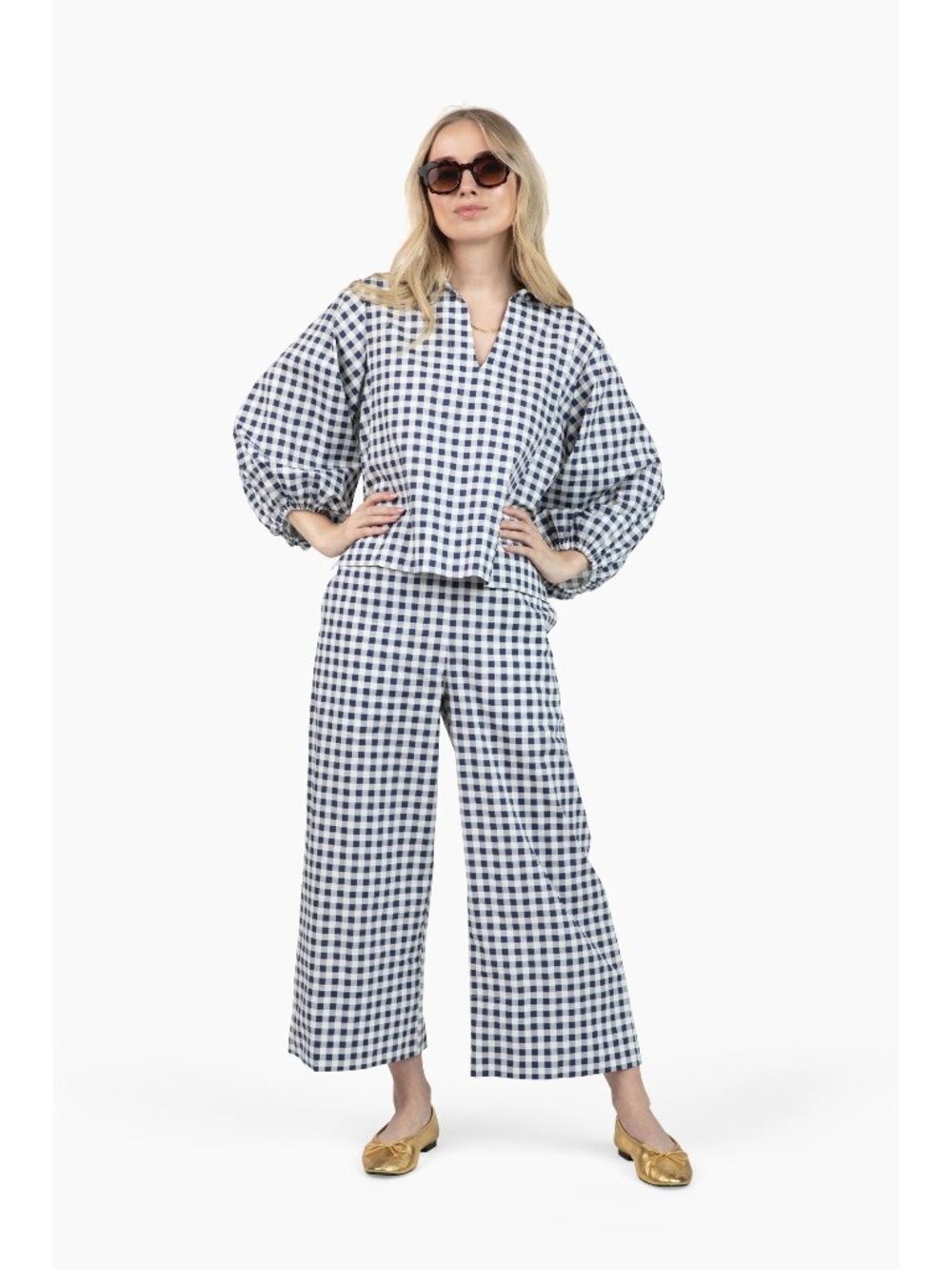 QUIET CULTURE Take Pause Pant Set Gingham Navy Size Large NWT